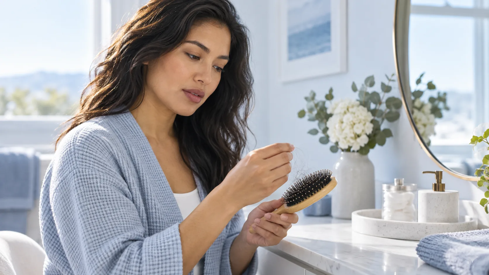 Woman looking at hair strands in a brush while considering tirzepatide-related hair shedding