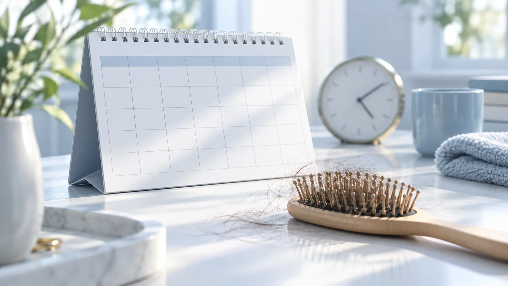 Calendar and hairbrush illustrating the delayed timing of hair shedding