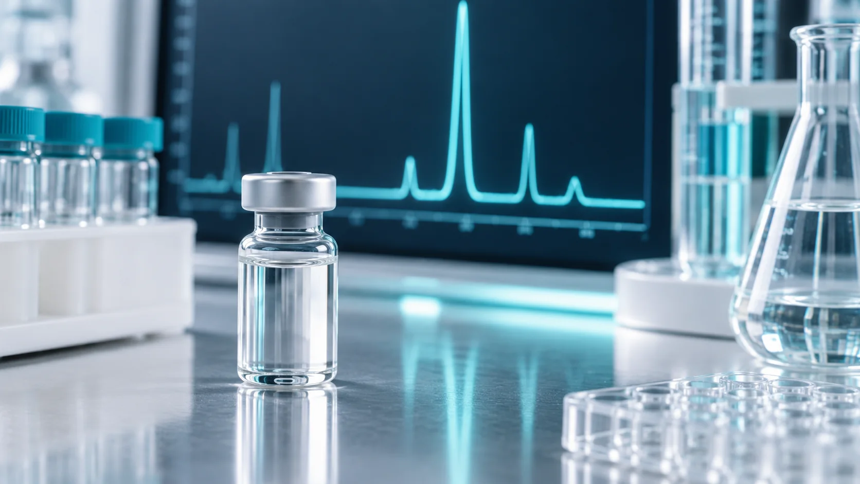 Unlabeled research vial with laboratory quality testing equipment