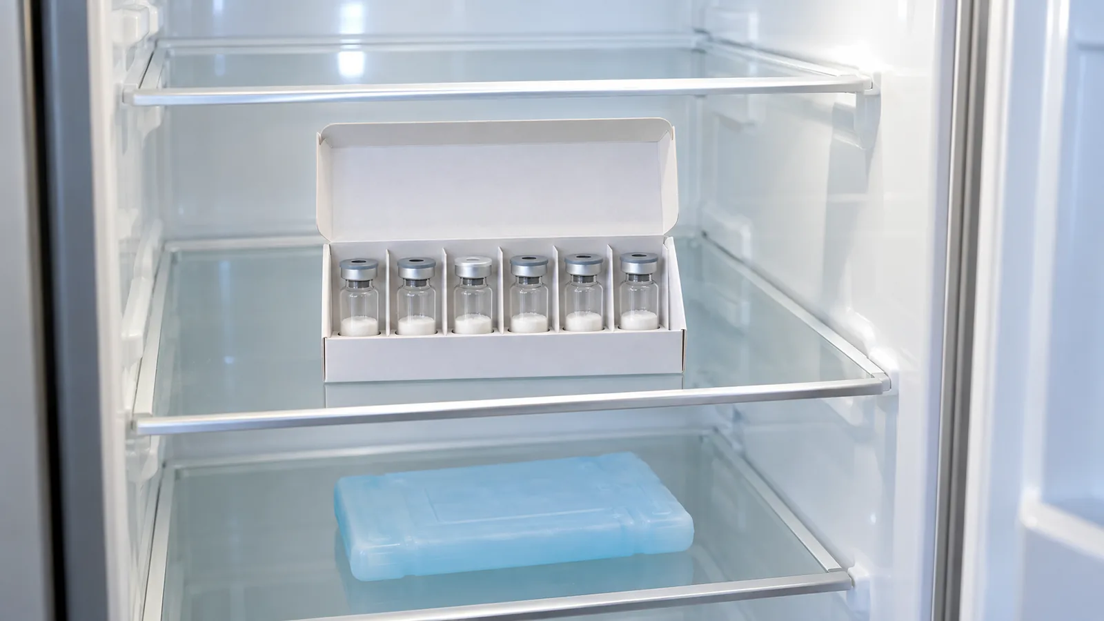 White box of plain peptide vials on a refrigerator shelf, a gel pack on the shelf below