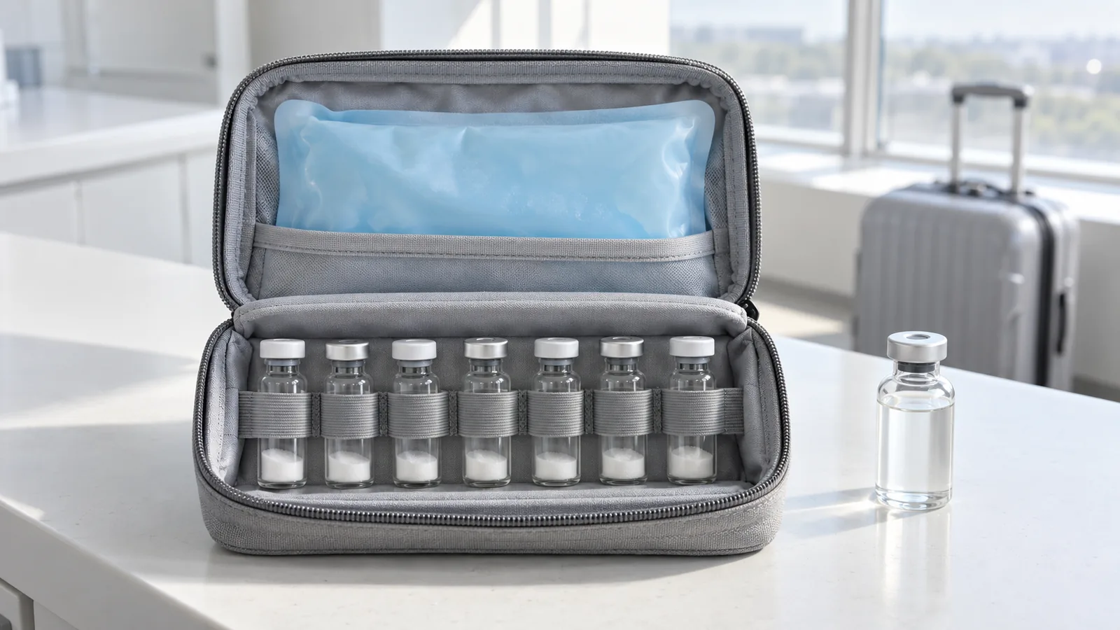 Open insulated travel case holding plain peptide vials and a gel pack, a suitcase by the window behind it