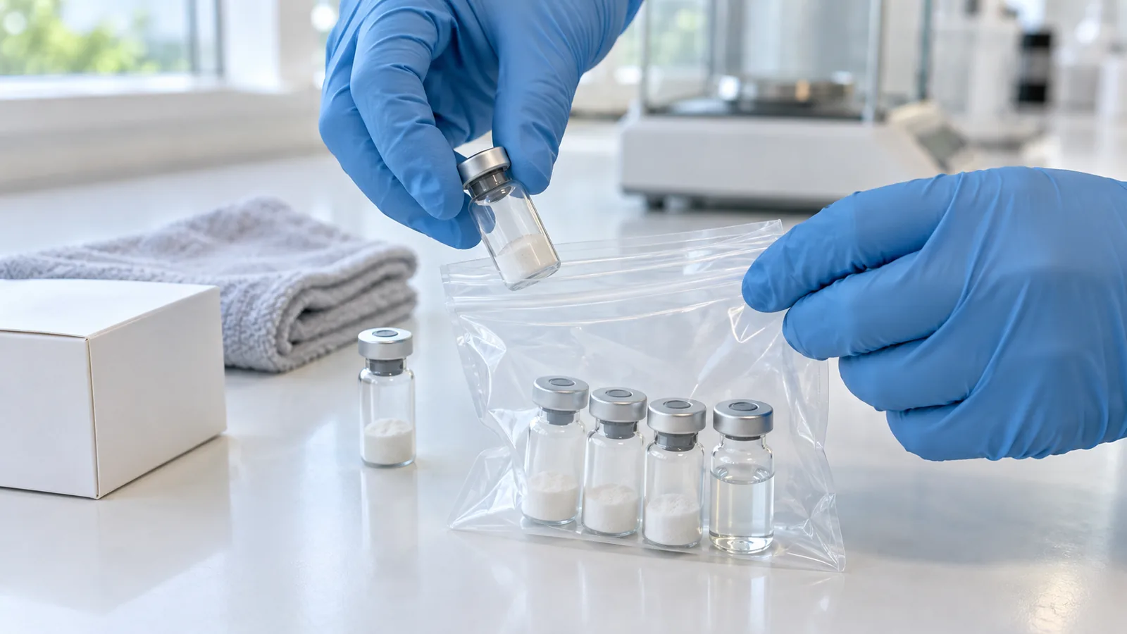 Gloved hands packing a clear pouch with a small vial of water and sealed peptide vials on a bright lab bench