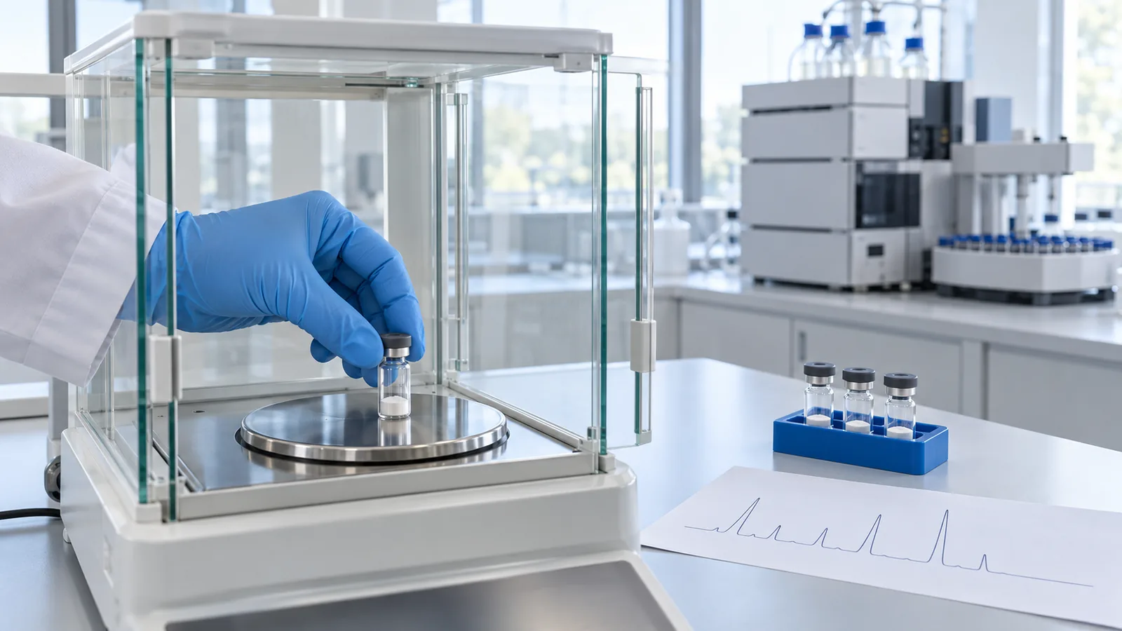 Gloved hand placing a plain peptide vial on an analytical balance with an HPLC system behind
