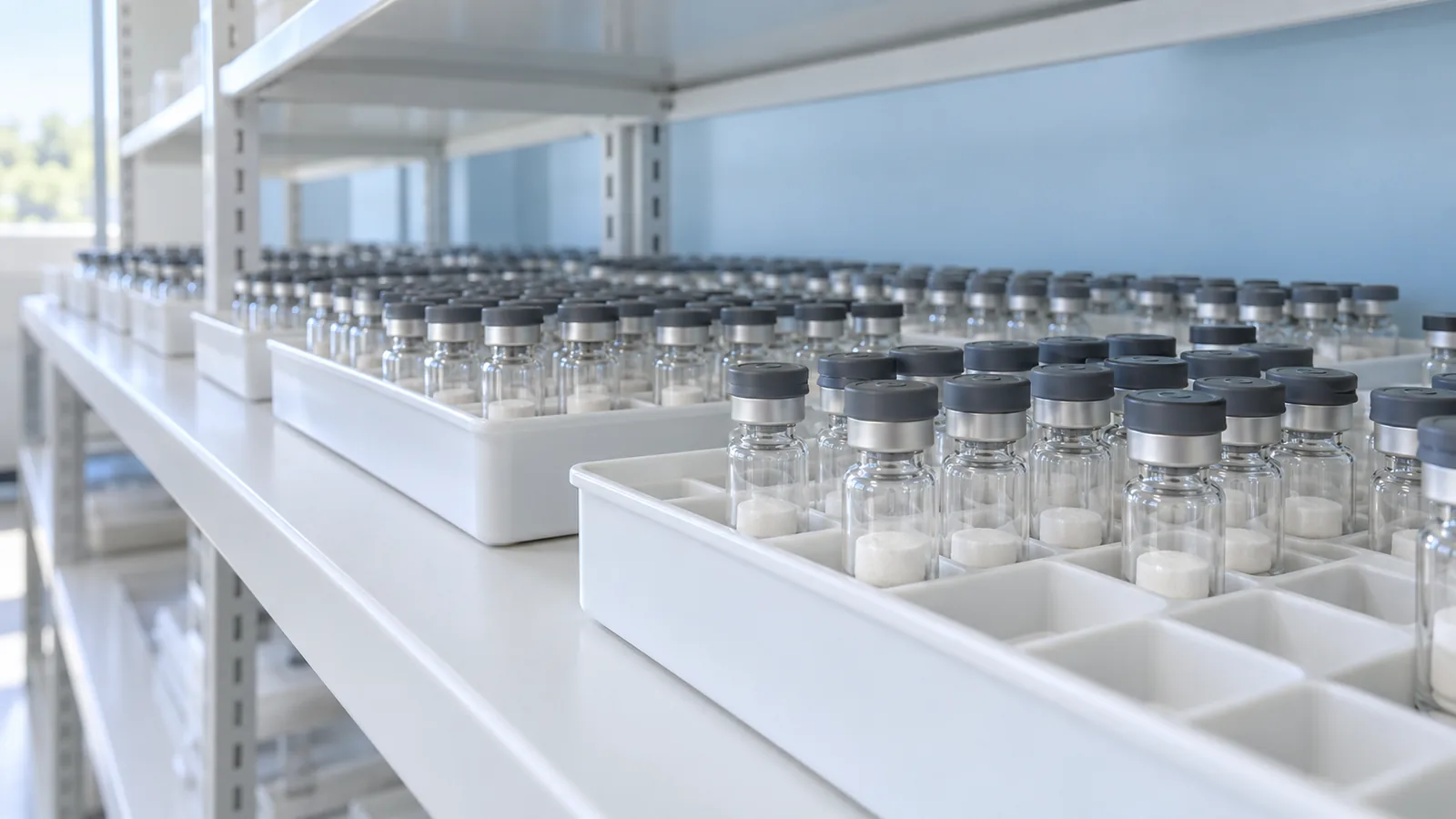 Laboratory shelf of white trays holding rows of plain freeze-dried peptide vials, some trays partly empty