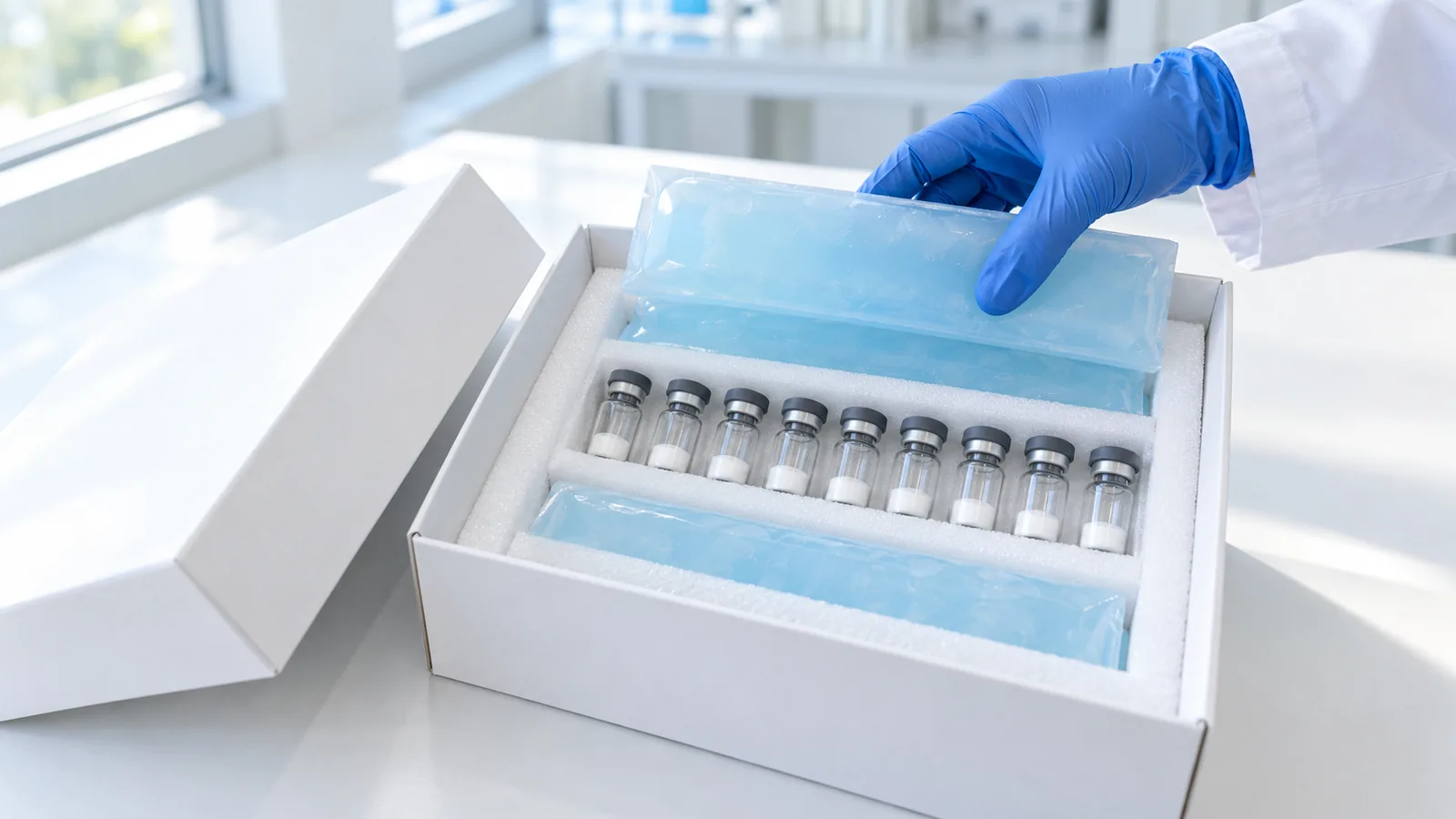 Gloved hand laying a cold pack over a row of plain research peptide vials in an insulated shipping box