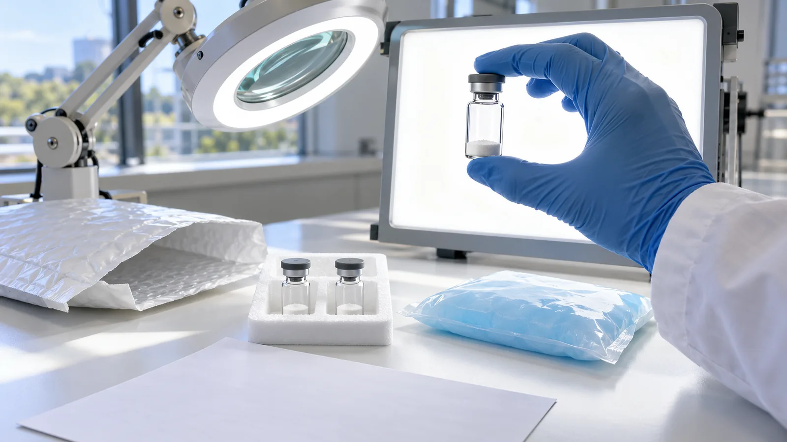 Gloved hand holding a plain peptide vial up to a light panel to inspect the powder cake beside an opened mailer