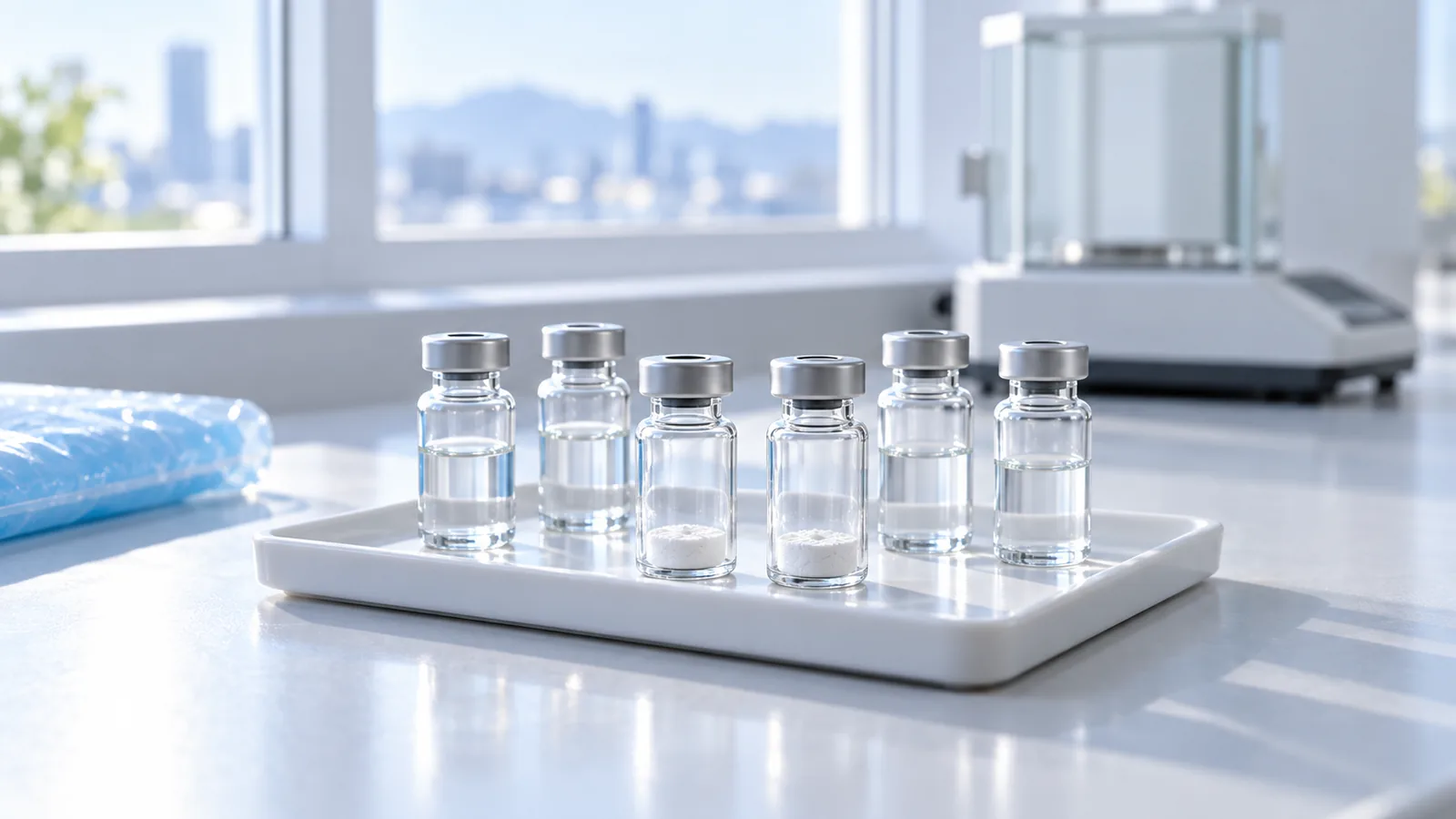 Plain vials of white BPC-157 and TB-500 powder and clear mixed solution on a bright laboratory bench