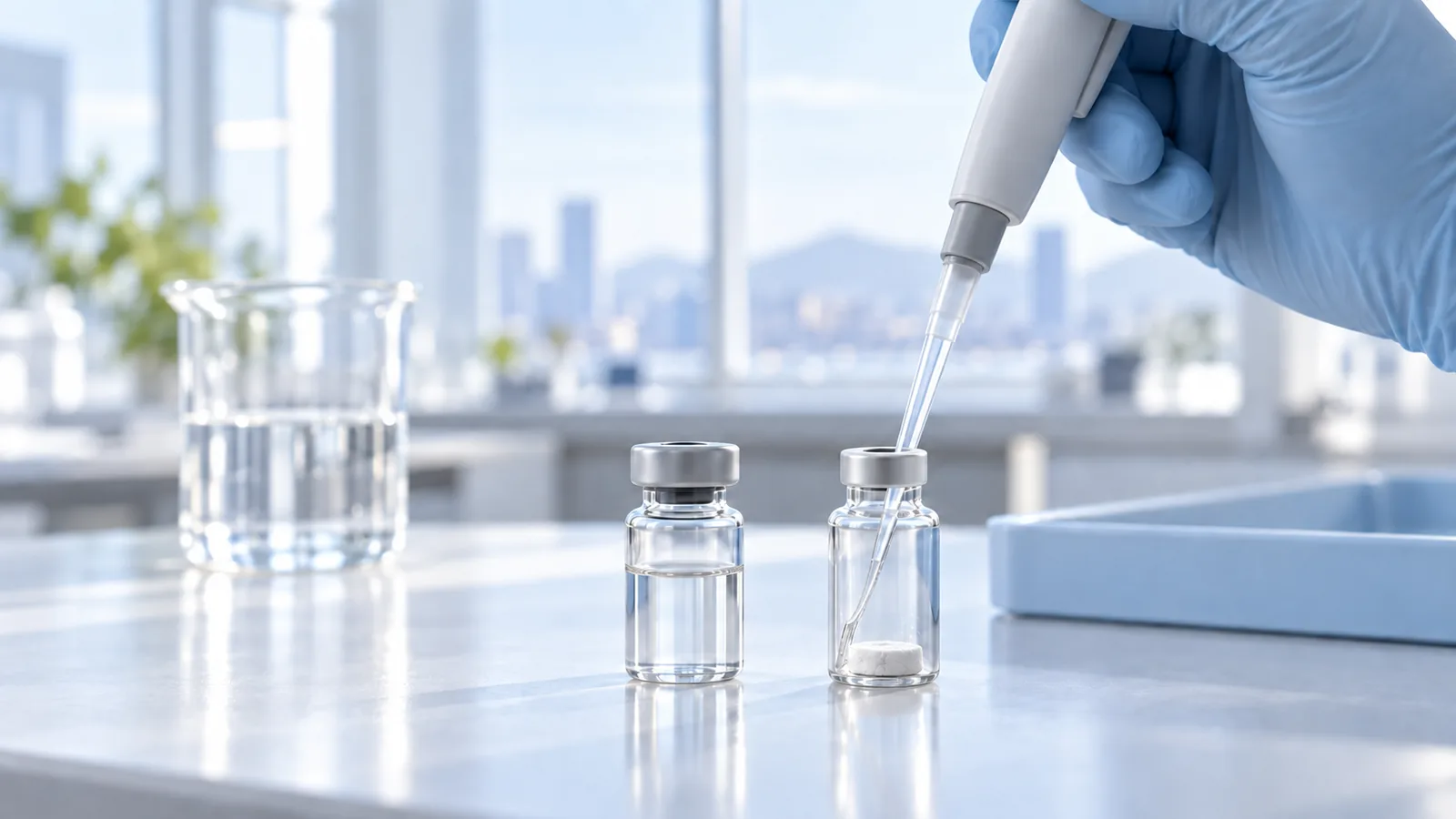 Gloved hand running water down the inside of a vial of white BPC-157 and TB-500 powder
