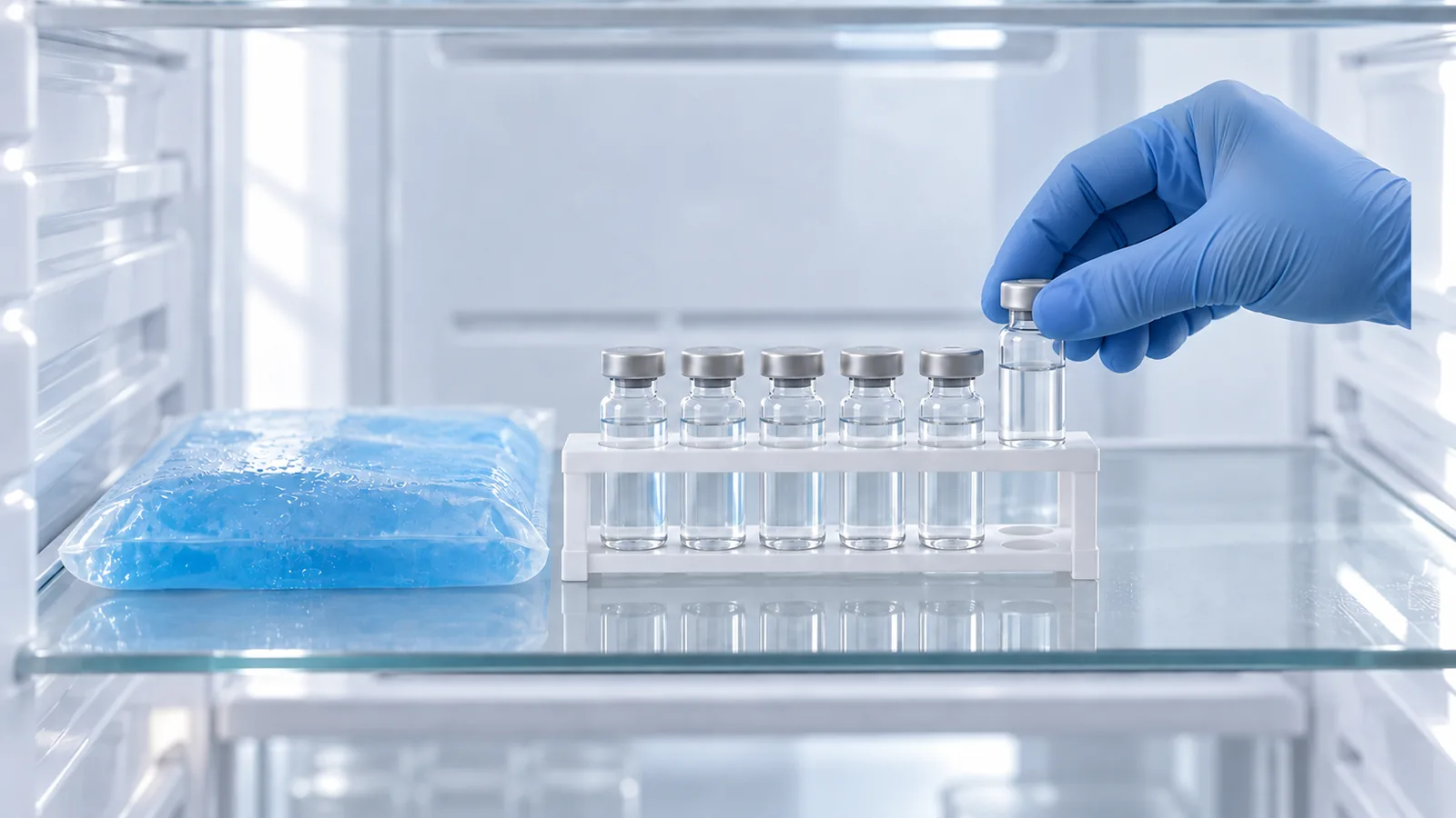 Plain vials of clear mixed peptide solution beside a pale blue cold pack on a laboratory refrigerator shelf