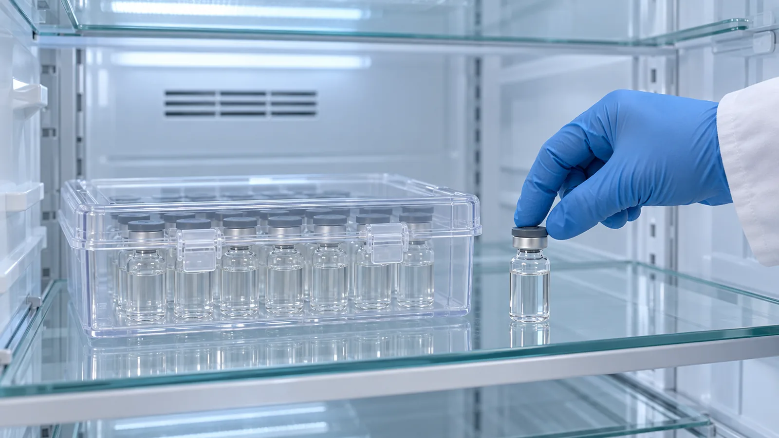 Gloved hand pressing the cap onto a vial of mixed glutathione in a laboratory refrigerator