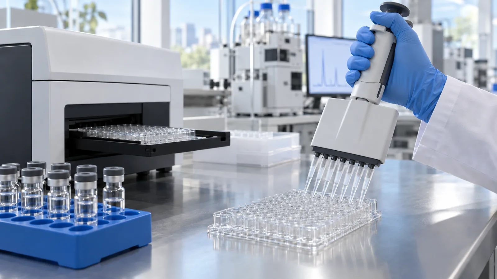 Multichannel pipette loading a microplate for endotoxin testing beside a plate reader