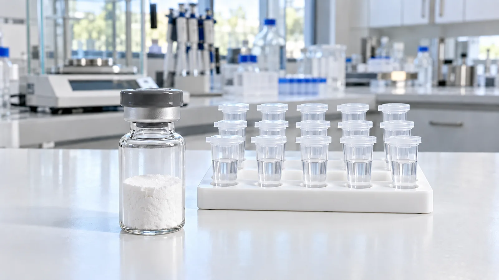 Vial of white glutathione powder in front of fifteen microtubes holding equal portions