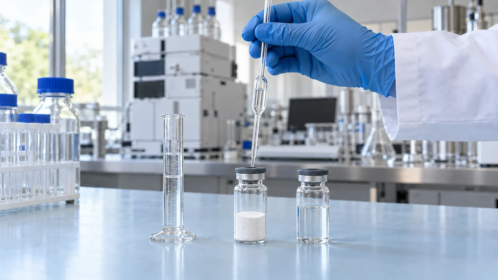 Graduated cylinder of water and a volumetric pipette beside a 1500mg glutathione vial