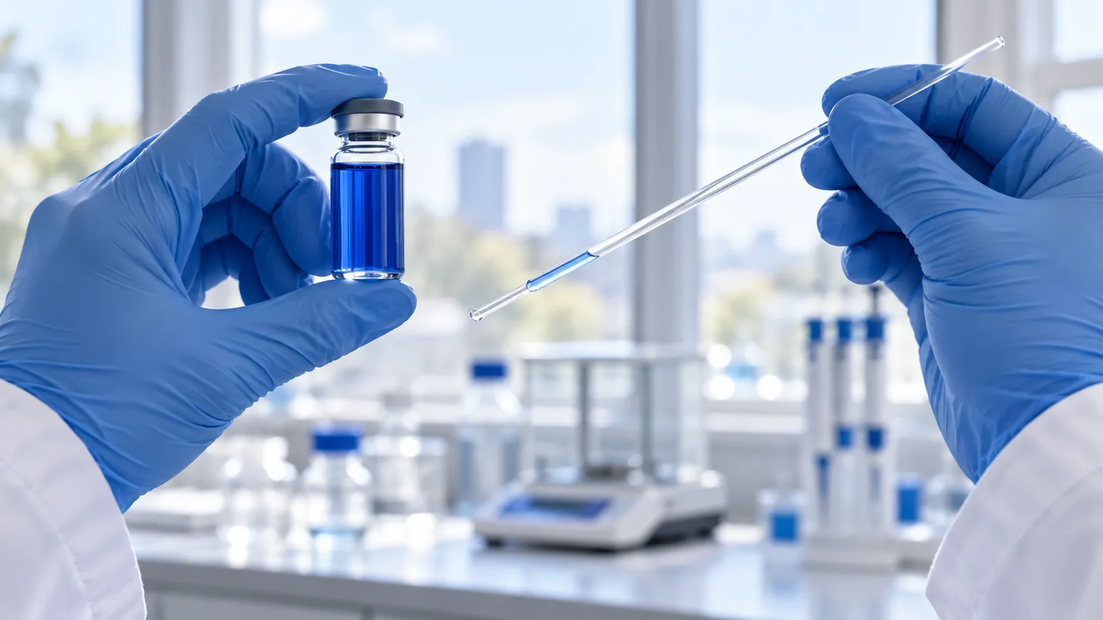 Gloved hand holding a vial of royal blue GHK-Cu solution to the light beside a pale blue pipette