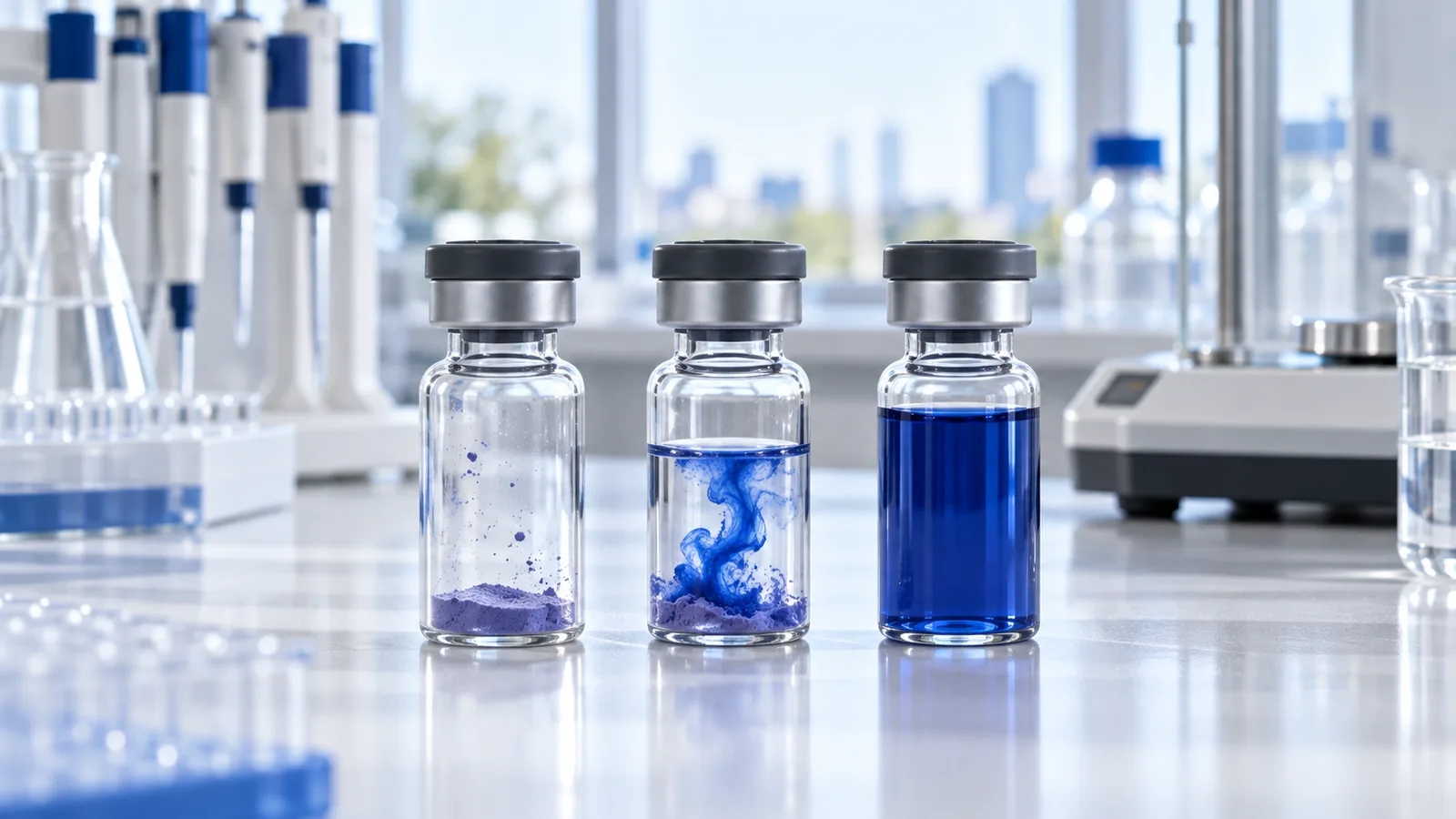 Three GHK-Cu vials showing violet powder, a dissolving blue swirl and fully mixed royal blue solution