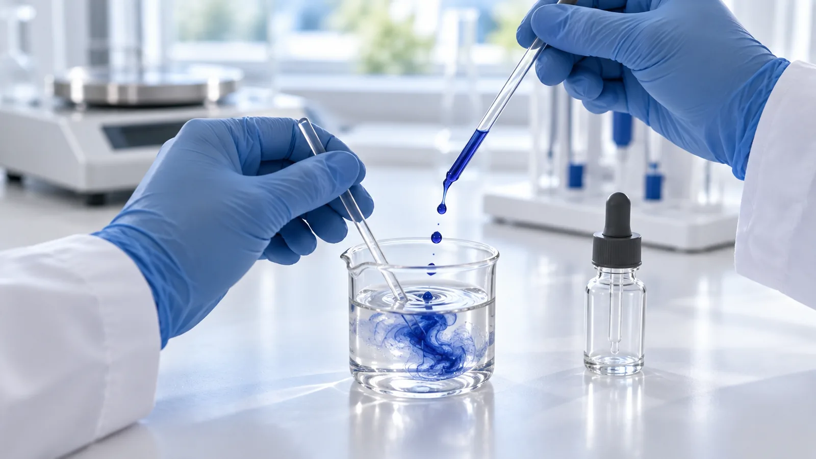 Royal blue GHK-Cu drops stirred into a clear serum base in a lab beaker