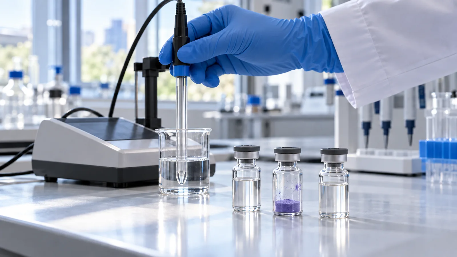pH meter beside bacteriostatic water, sterile water and a vial of violet GHK-Cu powder