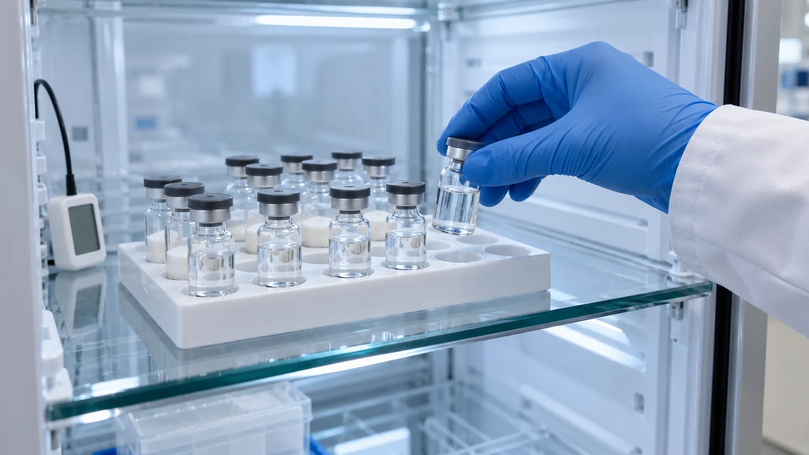 Gloved hand placing a vial of clear mixed retatrutide into a rack in a laboratory refrigerator