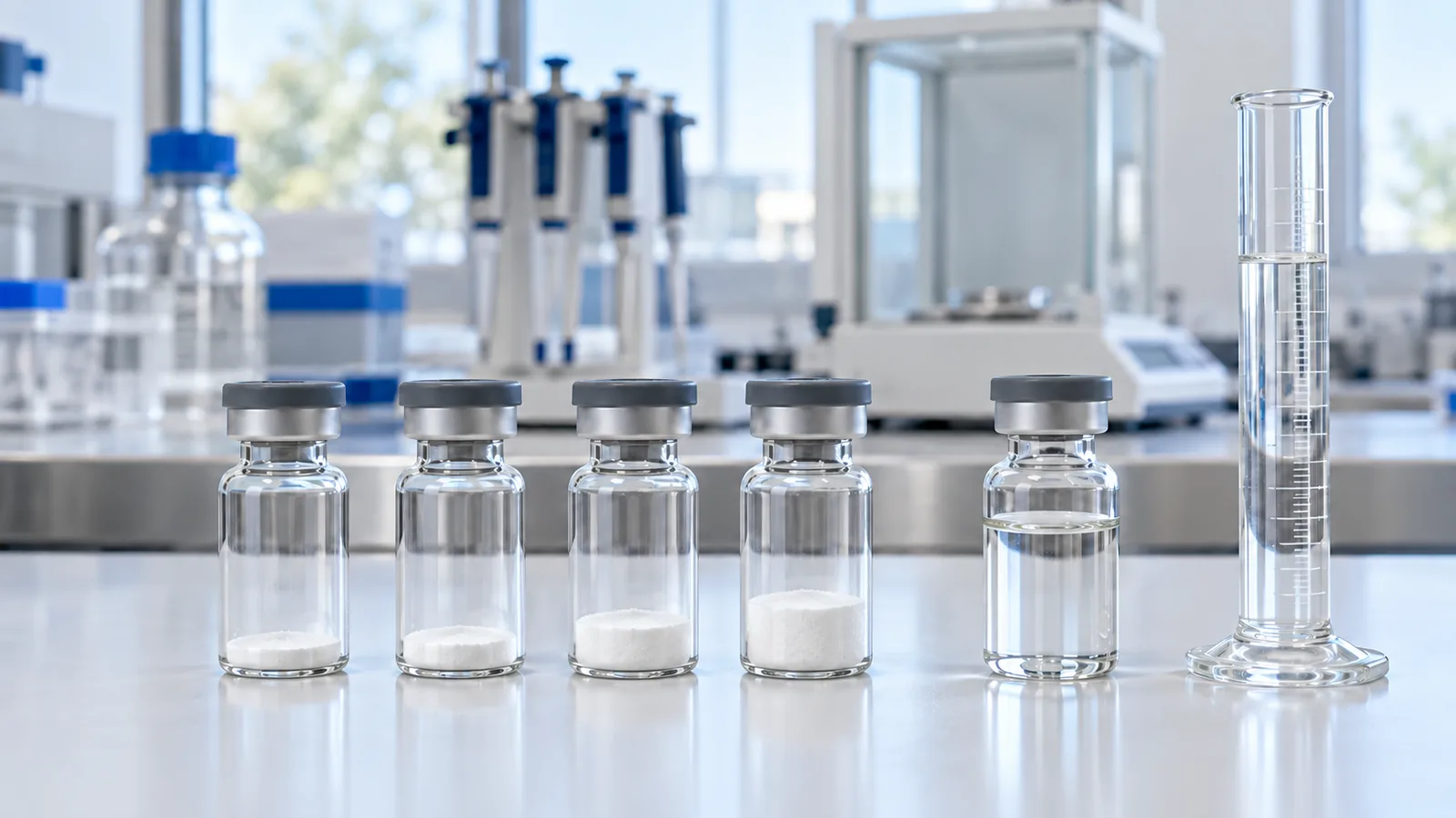 Four vials of white retatrutide powder of increasing size beside bacteriostatic water and a graduated cylinder