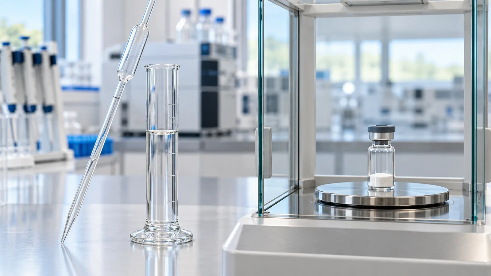 Volumetric pipette and graduated cylinder of measured water beside an analytical balance holding a retatrutide vial