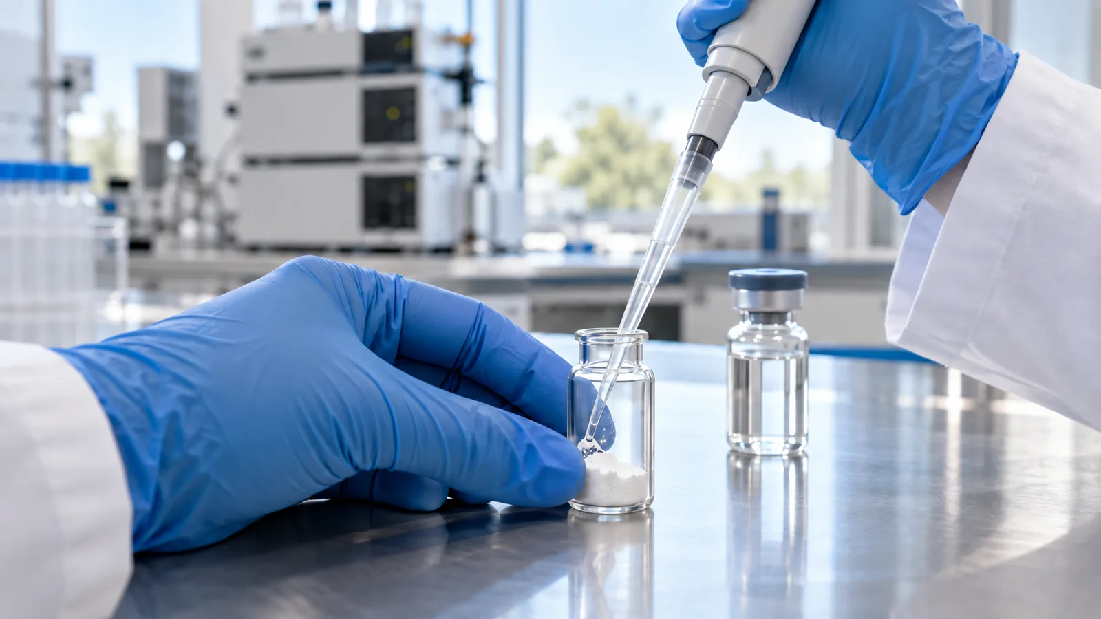 Gloved hand running water down the inside of a vial onto a white retatrutide cake