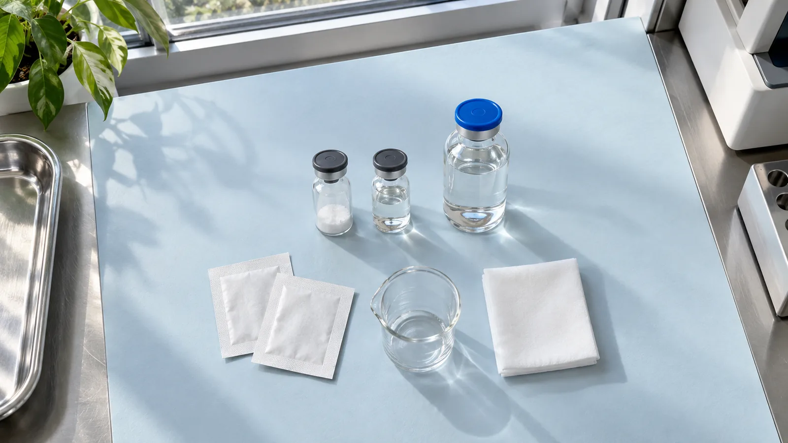 Overhead view of a vial of white tirzepatide powder, a vial of clear mixed solution, a bacteriostatic water vial, swab packets and a glass beaker on a pale blue bench