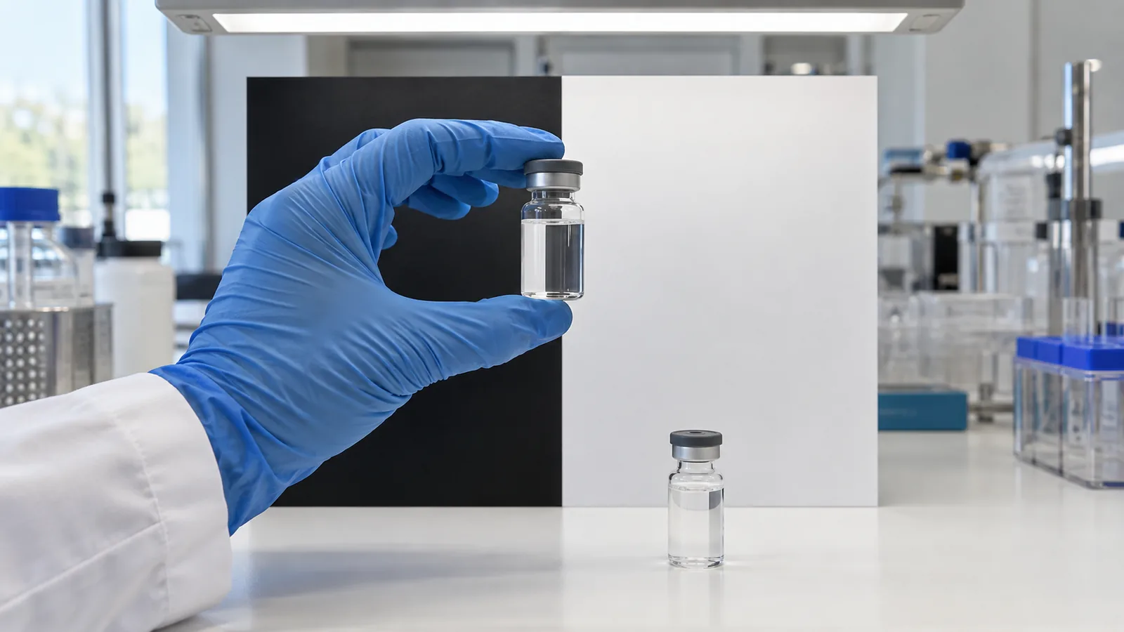 Gloved hand holding a vial of clear, colorless reconstituted tirzepatide against a black and white inspection board