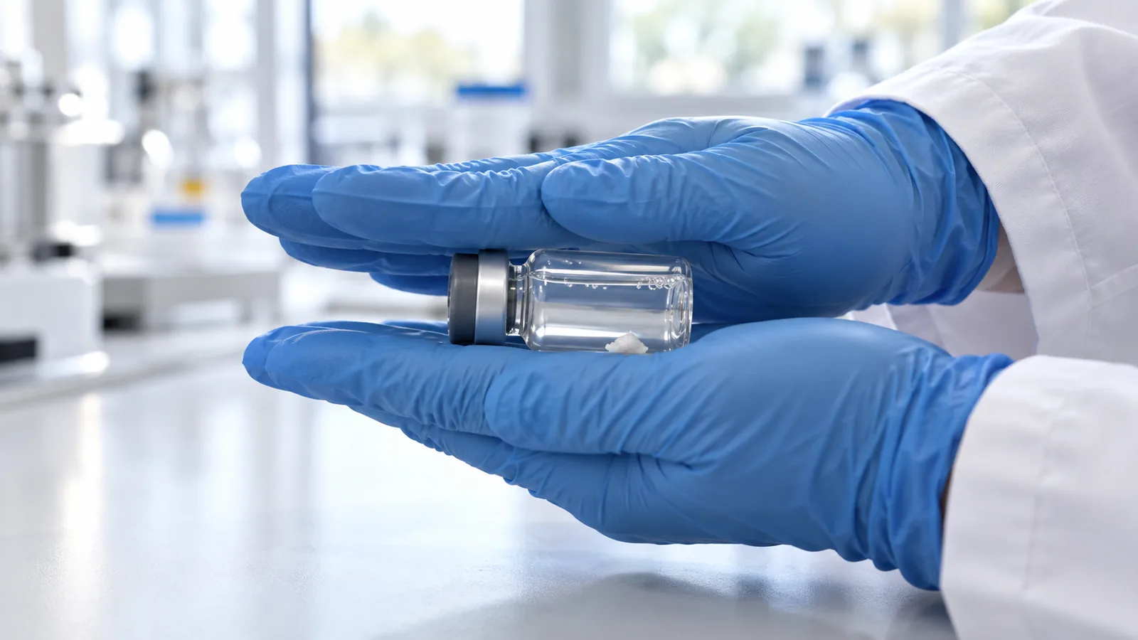 Gloved hands rolling a vial of tirzepatide between the palms as the last of the white cake dissolves