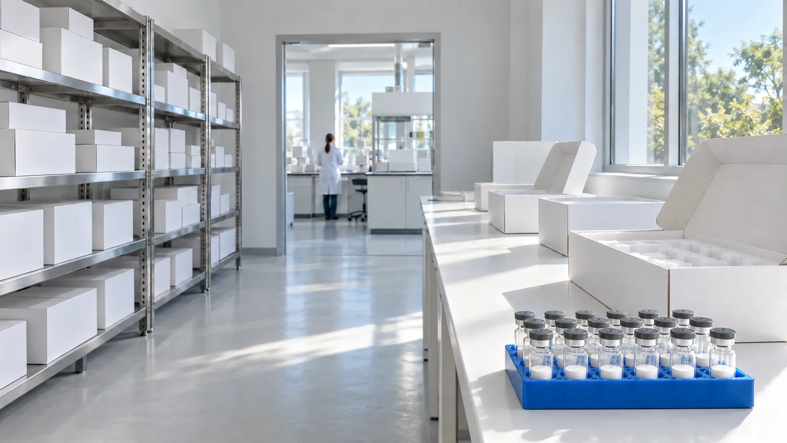 Bright dispatch room with plain white boxes on steel shelving, a long packing table by the window and a small rack of plain powder vials sharp in the foreground