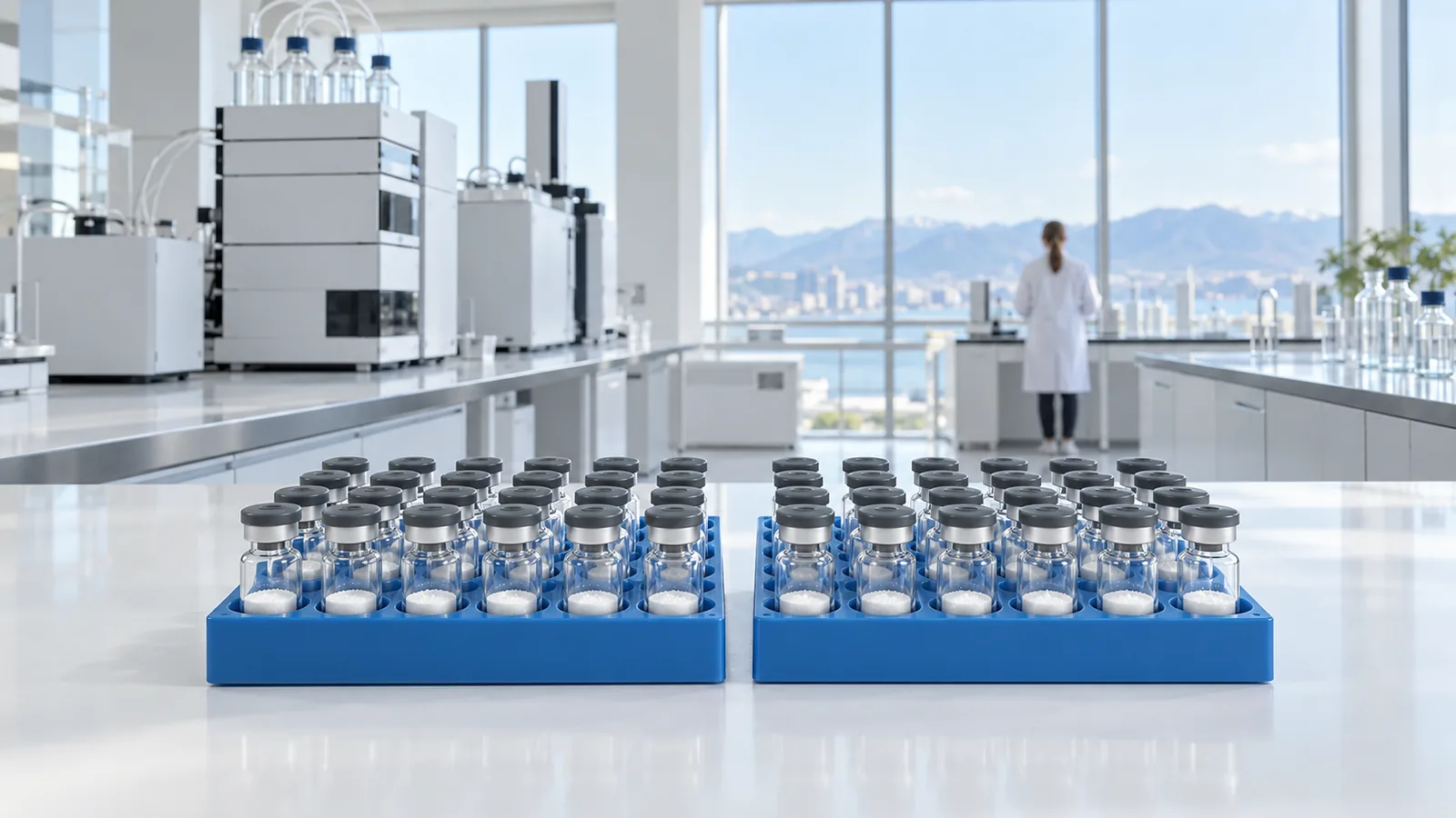 Two identical blue racks of plain freeze-dried peptide vials side by side on a white bench in a bright laboratory, with an HPLC system and tall windows behind