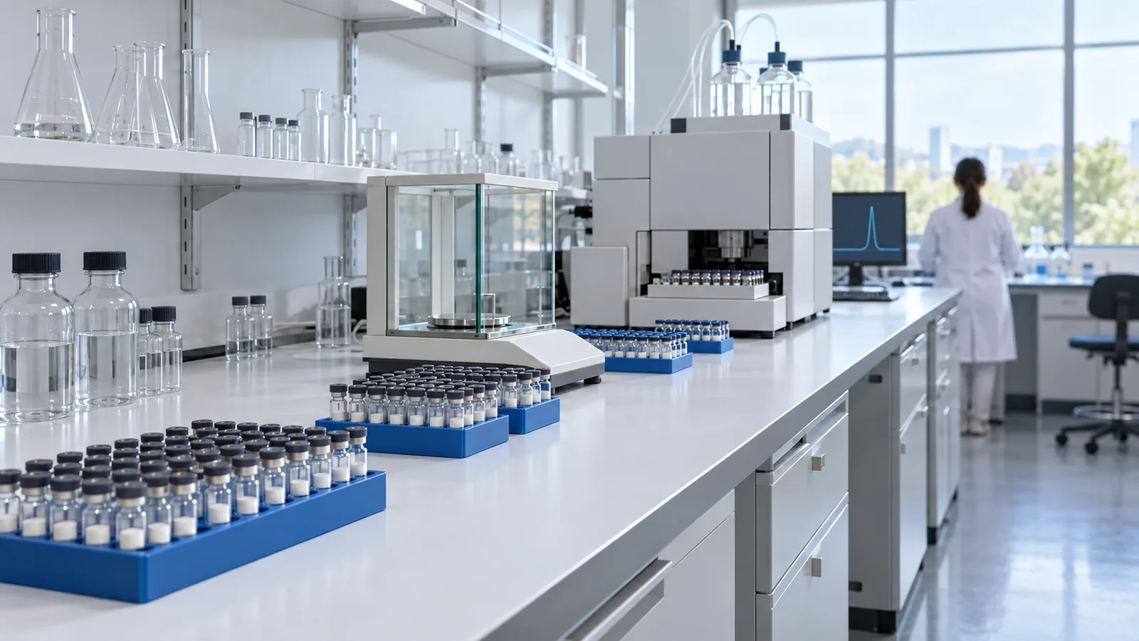 Wide view of a sample intake bench with rows of plain powder vials in blue racks waiting for testing, an HPLC autosampler and a precision balance further along the bench