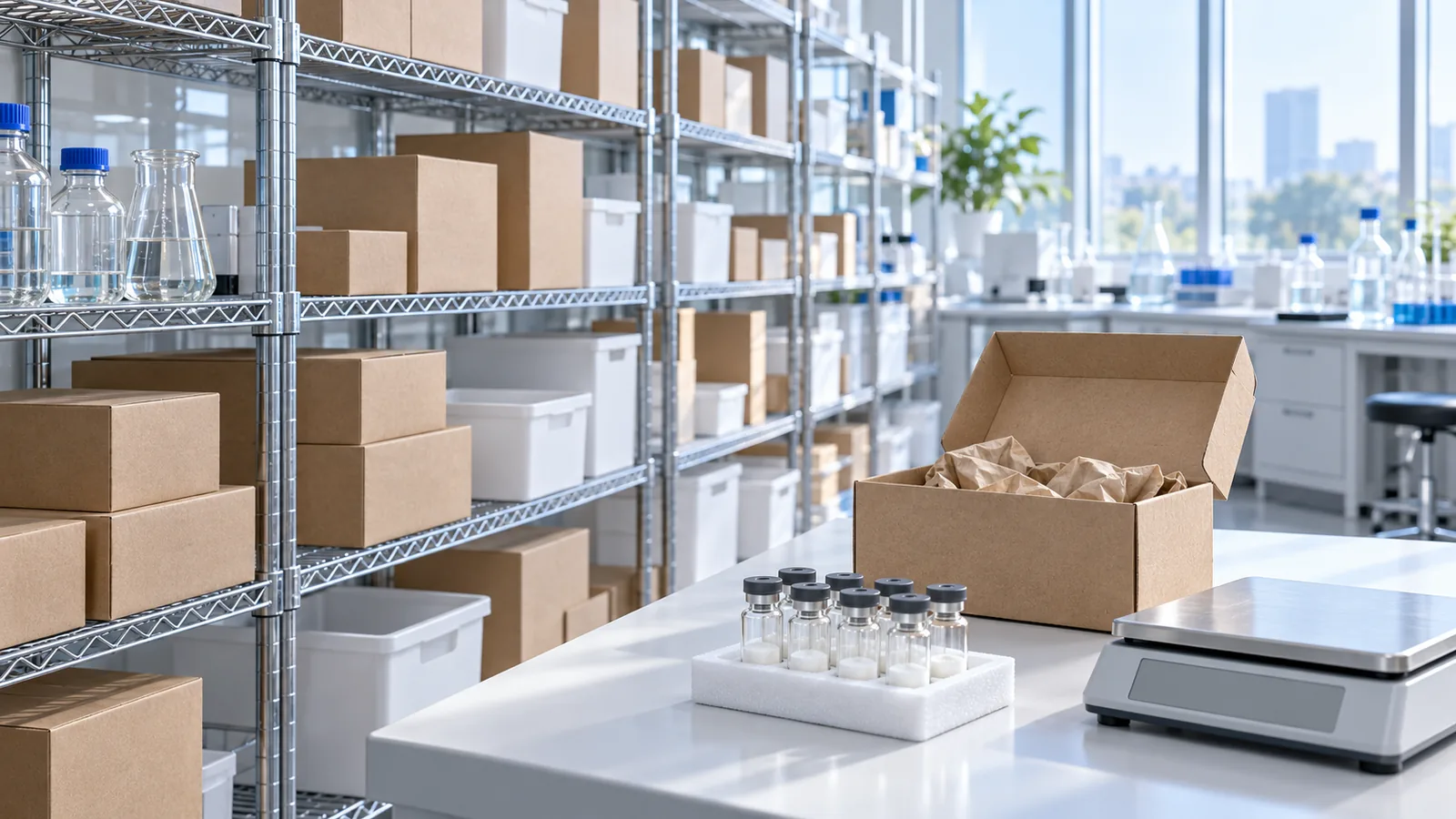 Open kraft mailer box and a foam tray of plain vials on a white table beside shelving stacked with sealed plain parcels in a bright lab storeroom