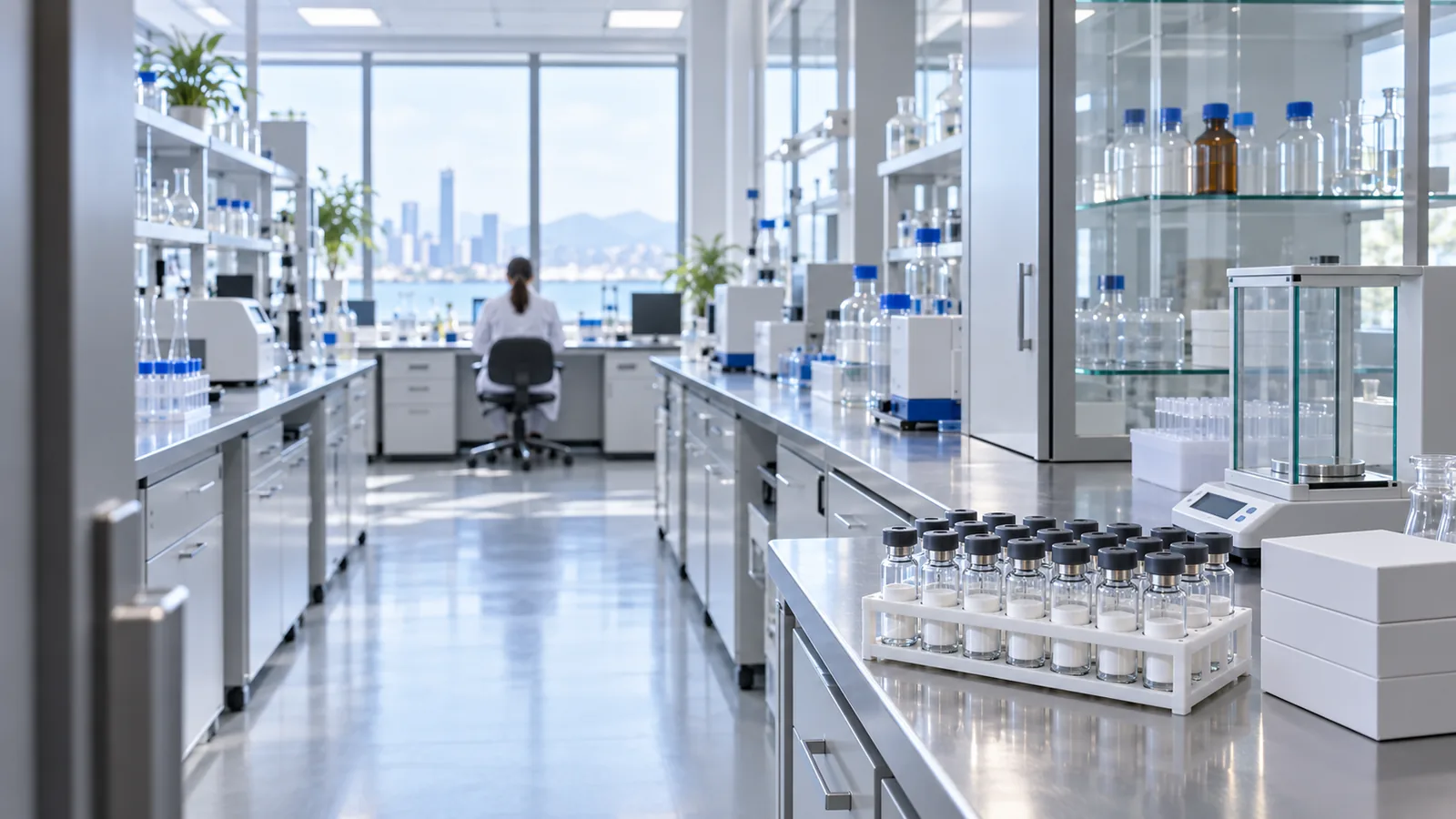 Wide view down the aisle of a bright laboratory with a rack of plain freeze-dried vials and small white boxes on a stainless bench in the foreground