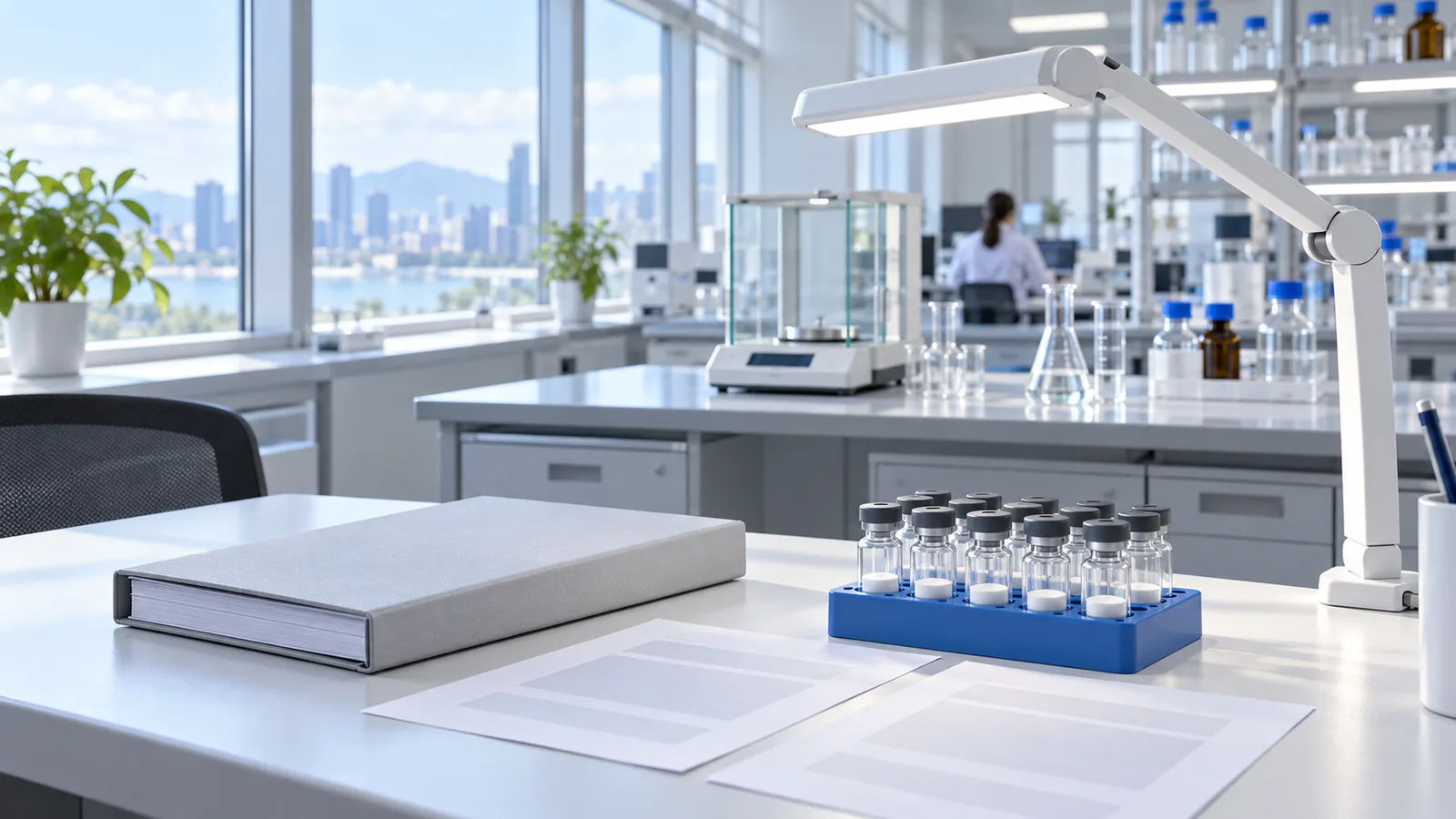 Rack of plain freeze-dried vials under an inspection lamp beside a closed binder on a window-side desk in a bright laboratory