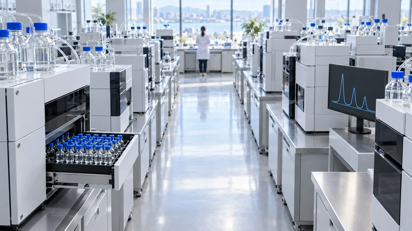 Aisle between rows of HPLC and LC-MS instruments with an open autosampler tray of small clear sample vials in the foreground
