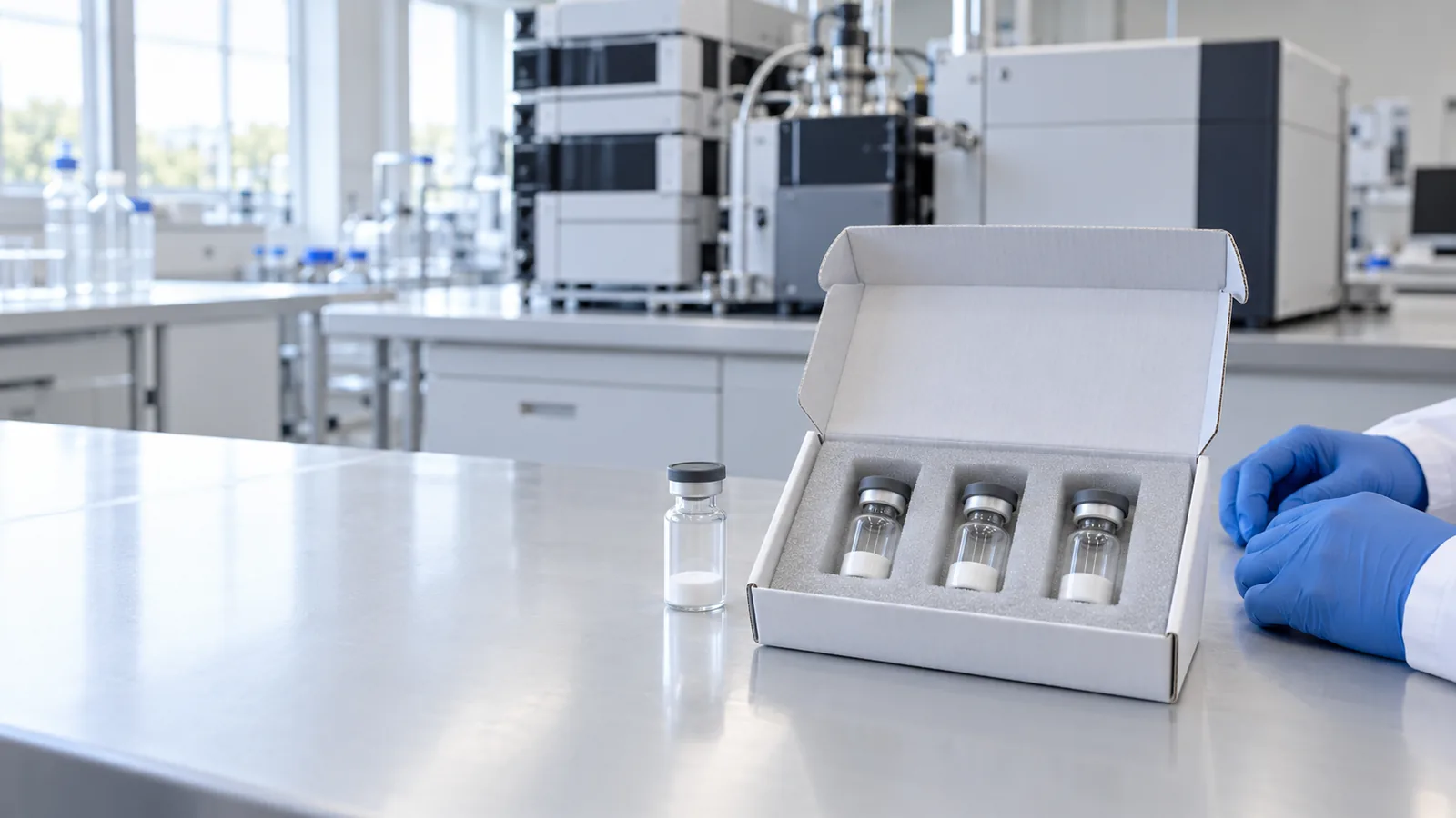 Opened white shipping box with foam insert holding plain freeze-dried peptide vials on a bright laboratory bench