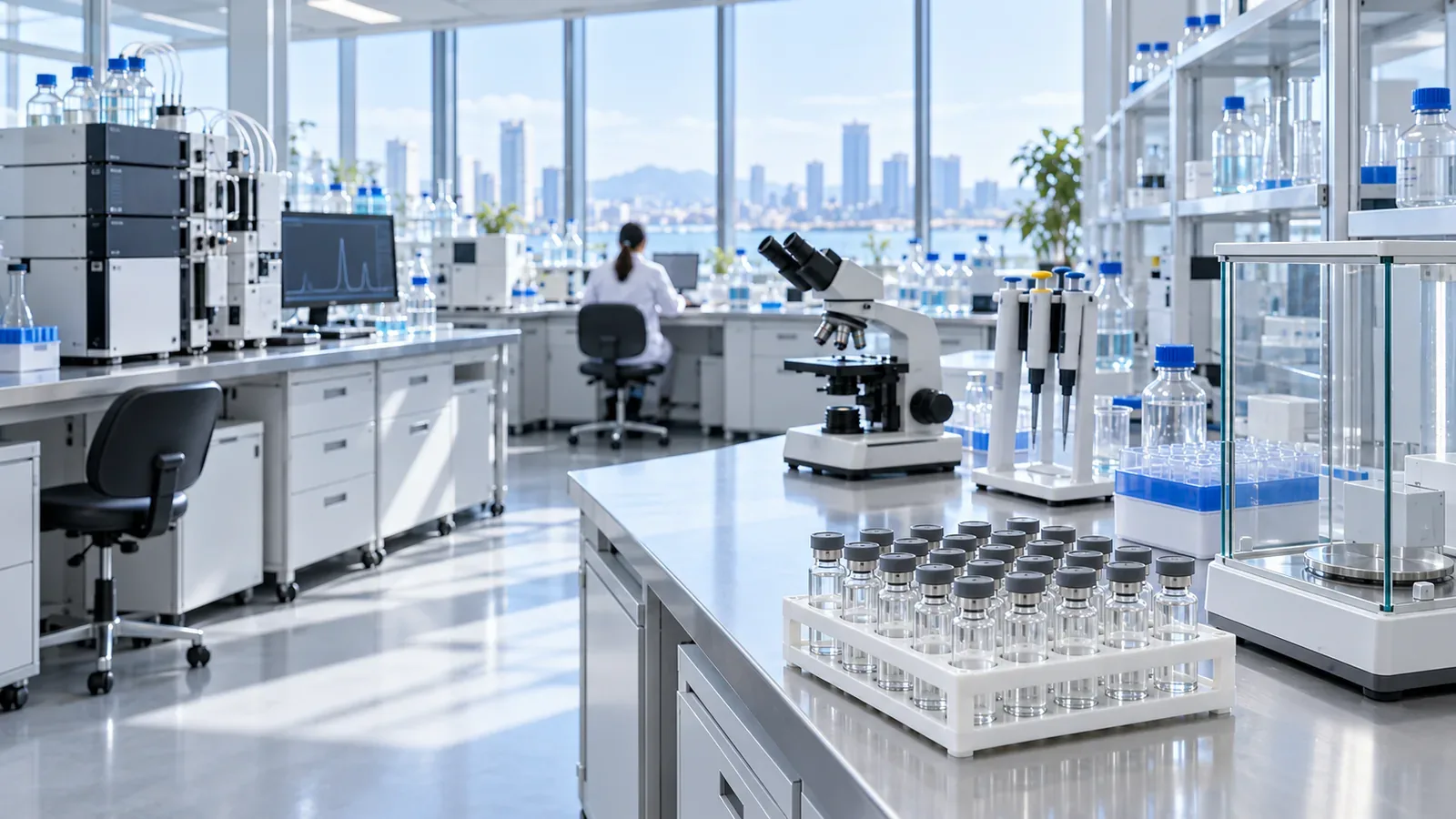 Quality-control bench with a rack of clear vials beside an analytical balance, a microscope and HPLC instruments in a bright laboratory