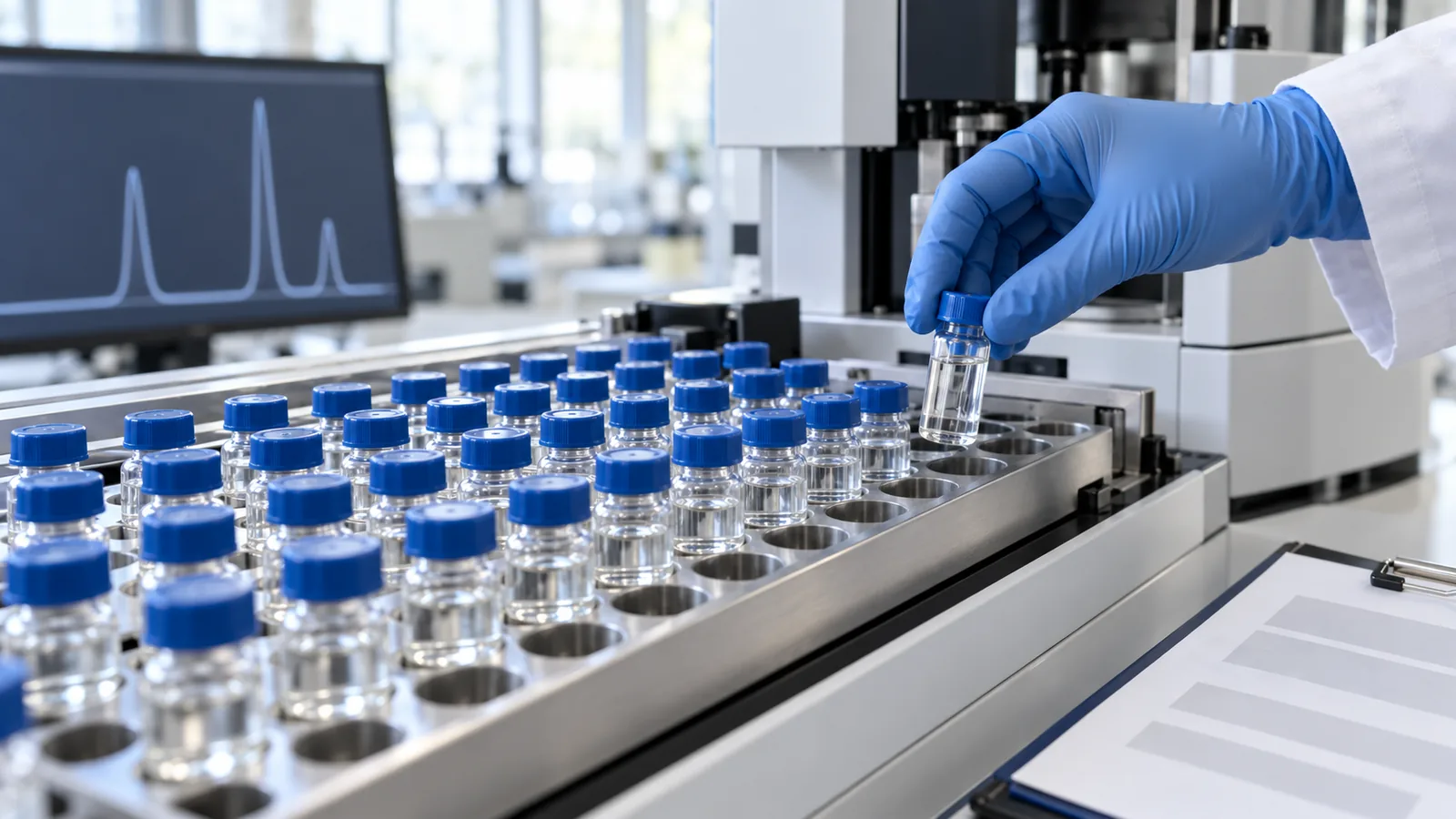 Gloved hand loading a clear sample vial into an HPLC autosampler tray in an analytical lab