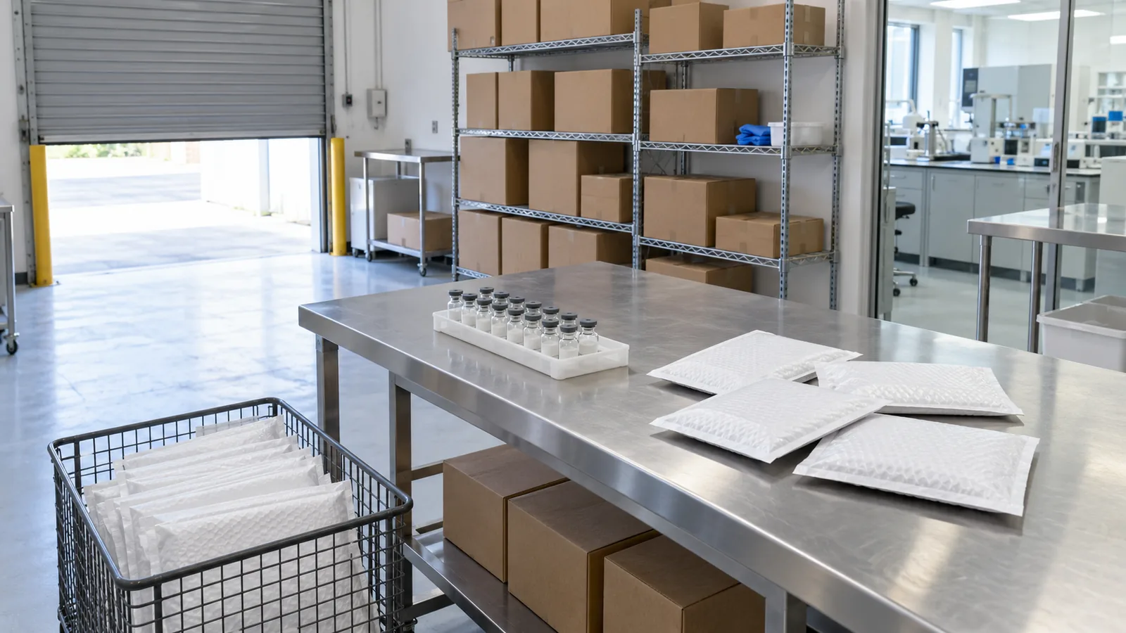 Daylit dispatch area with plain white insulated mailers in a wire bin and a low tray of plain vials on a packing table