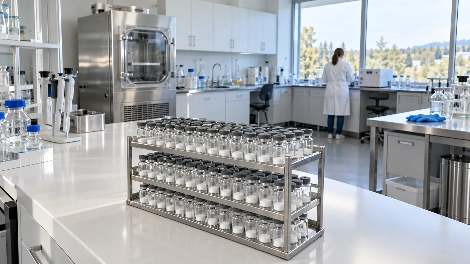 Bright peptide laboratory with a tall rack of plain freeze-dried vials on an island bench and a freeze dryer cabinet behind it