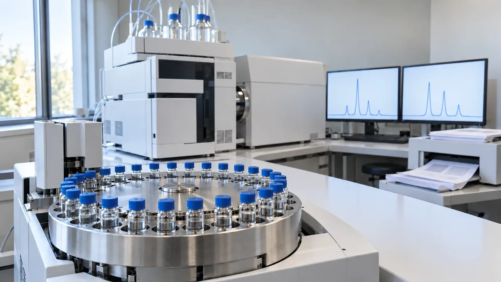 LC-MS instrument room with an autosampler carousel of blue-capped sample vials in the foreground and monitors showing soft chromatogram peaks