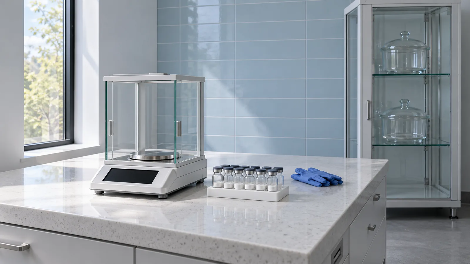 Weighing room with an analytical balance inside a glass draft shield beside a small rack of plain powder vials