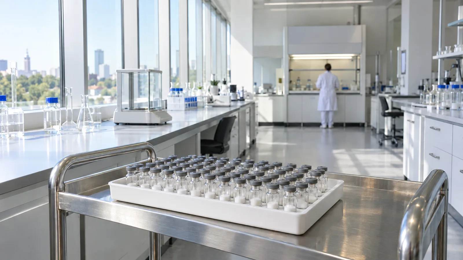 White tray of plain freeze-dried peptide vials on a stainless trolley in the foreground of a bright laboratory with a fume hood and tall windows behind
