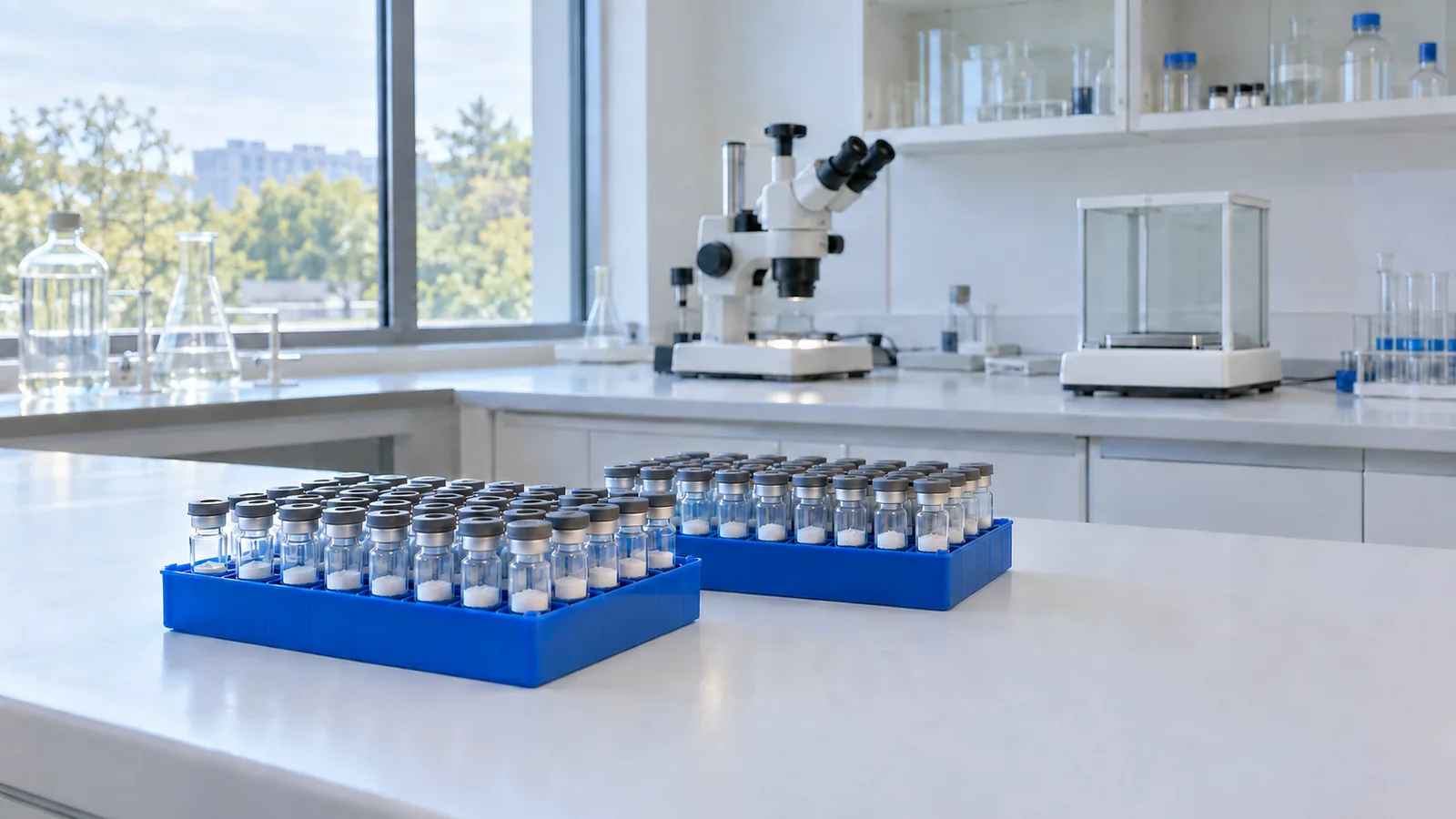 Two near-identical blue racks of plain powder vials side by side on a bright inspection bench with a stereo microscope and a balance behind