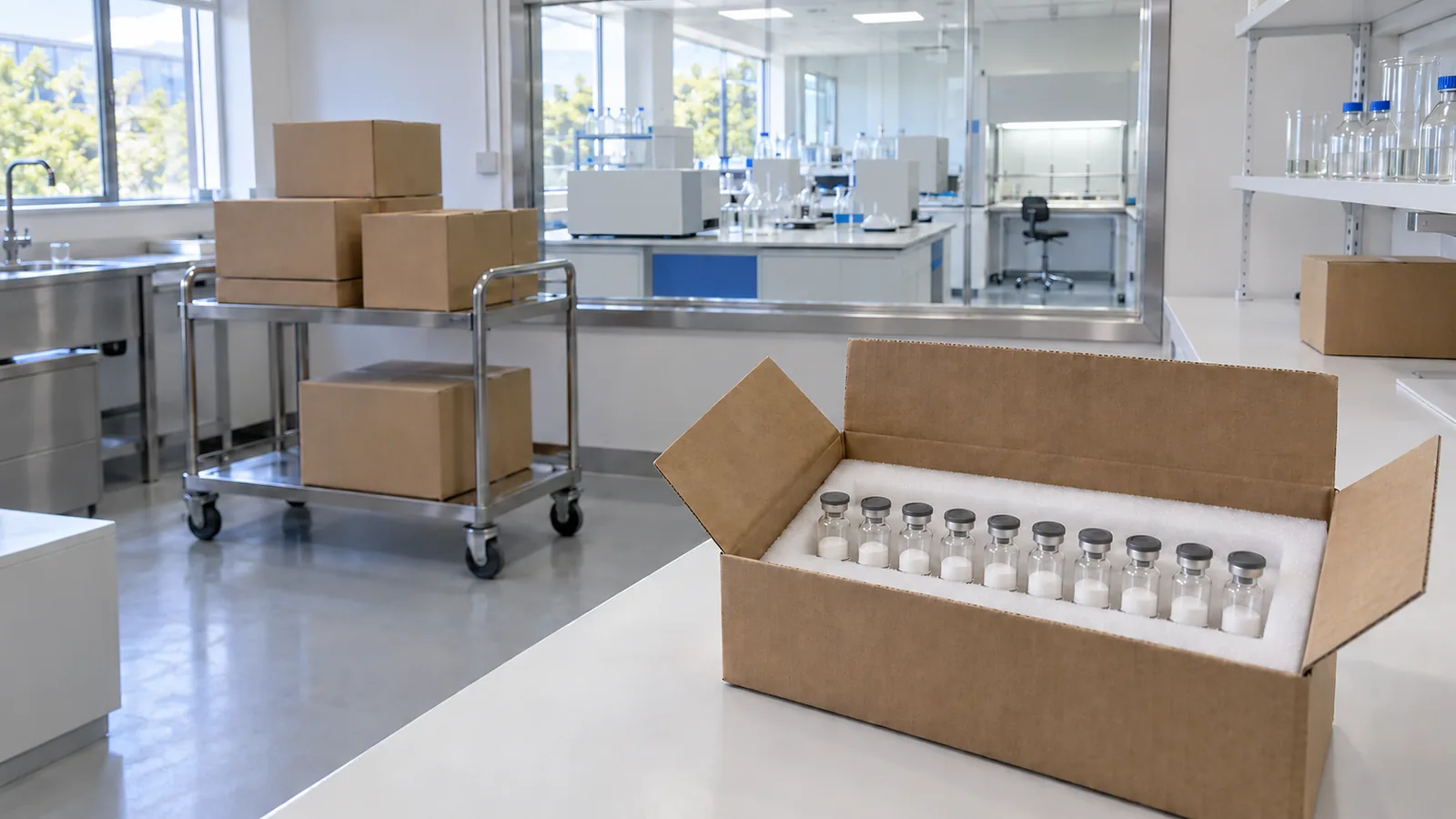 Receiving room of a lab with plain cardboard shipping boxes on a steel cart and an open box of plain vials in a white foam insert in front