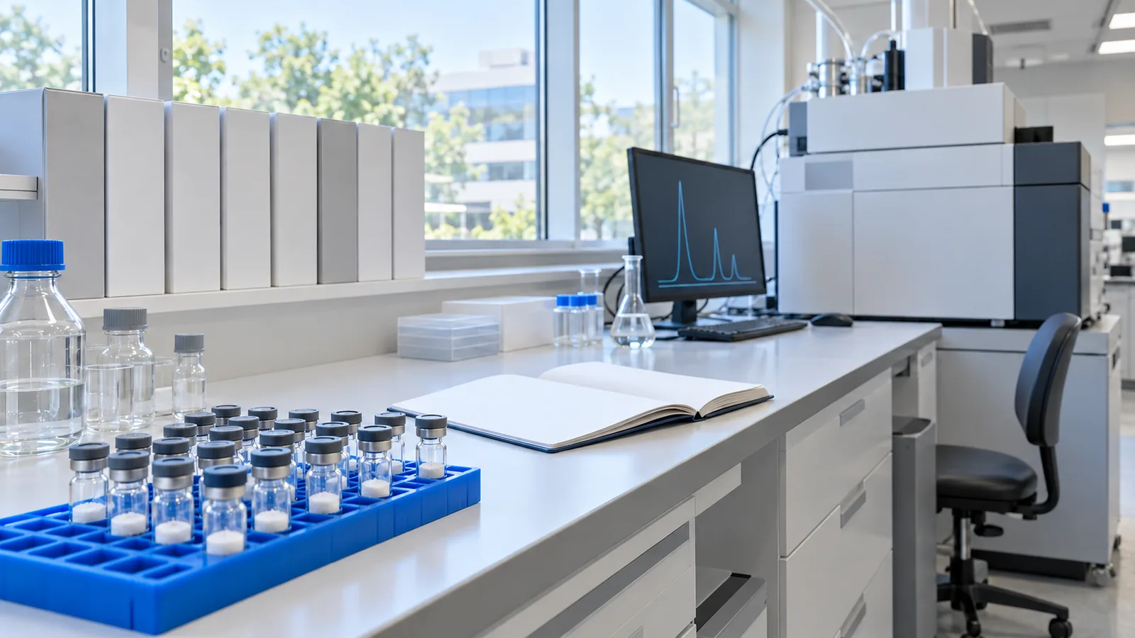 Long white documentation desk with plain binders on shelves, a blank lab notebook and a rack of sample vials beside an LC-MS instrument