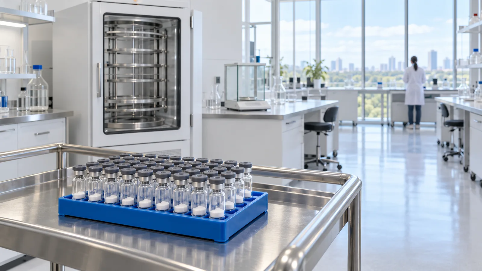 Stainless cart with a blue rack of plain freeze-dried peptide vials in the foreground of a bright lab, with a freeze-dryer cabinet and tall windows behind