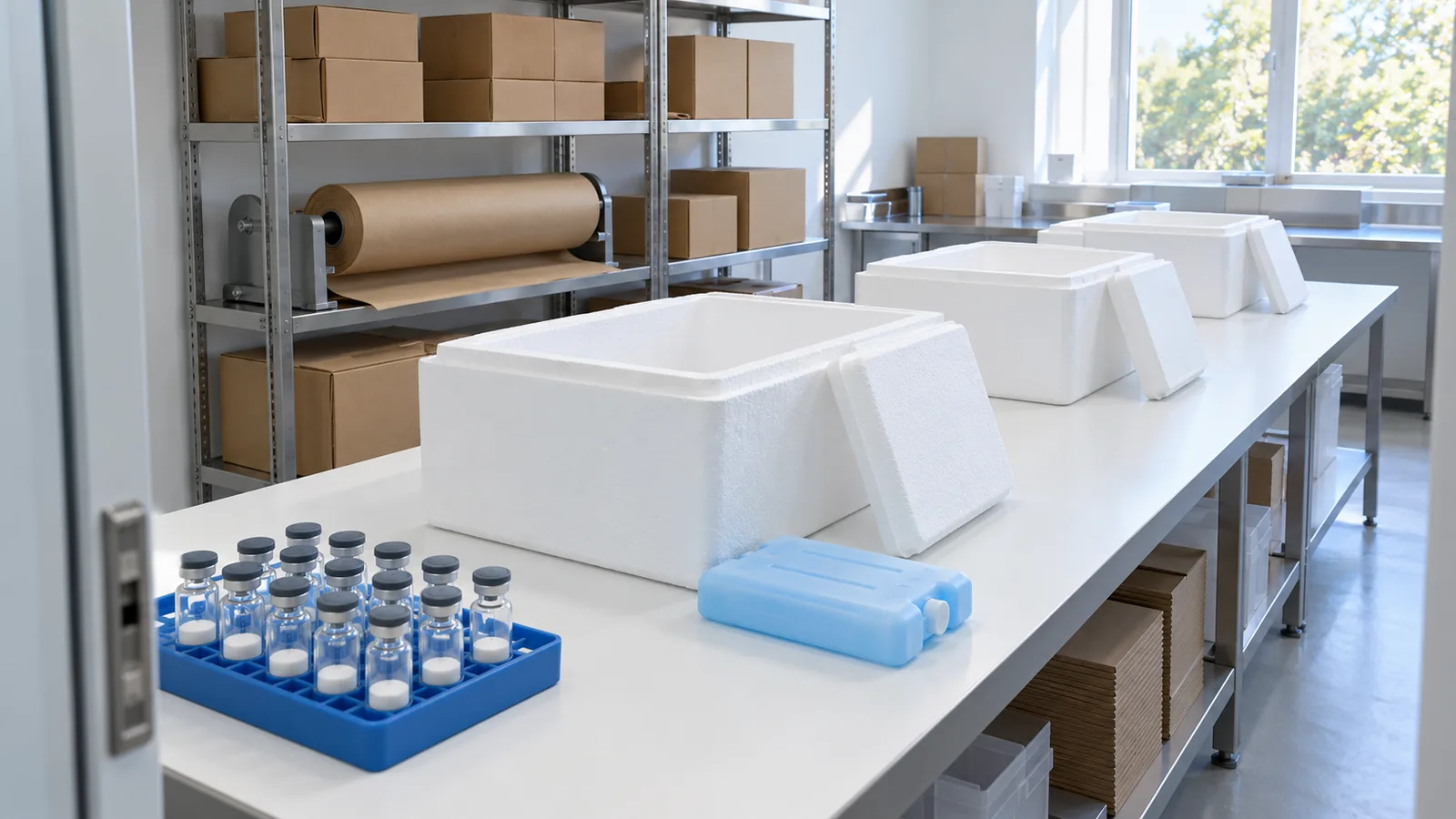 Long packing table with open white insulated shippers, plain cardboard boxes stacked on shelving and a small rack of powder vials in the foreground