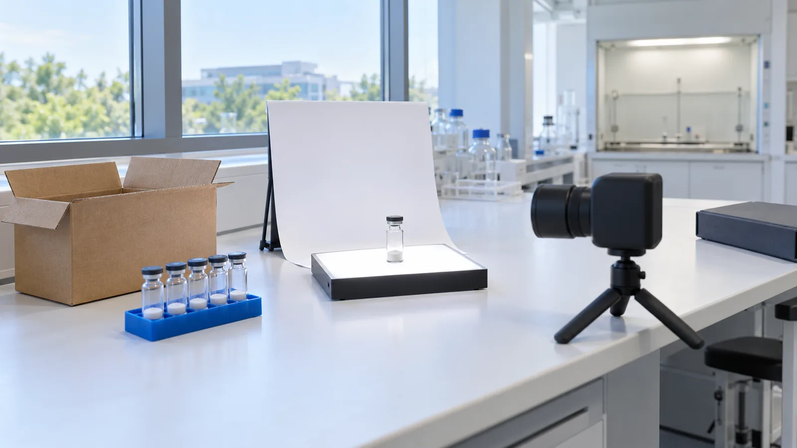 Receiving bench by a window with an opened plain box of vials, a white light box and a small camera on a tripod photographing one plain vial against a white backdrop