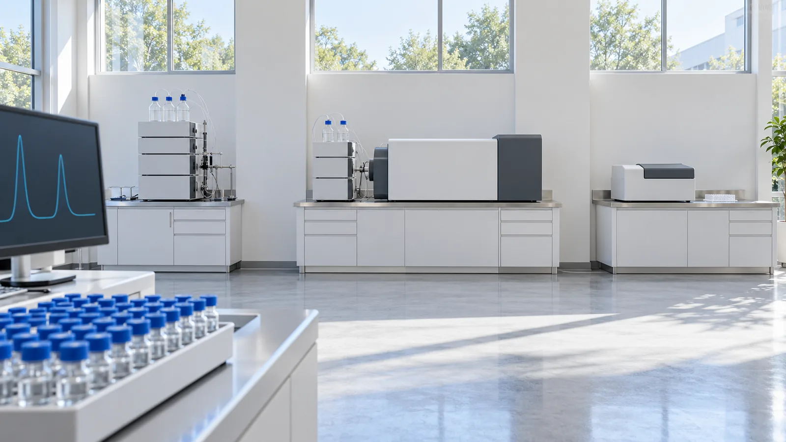 Laboratory wall with three separate analytical stations, an HPLC stack, an LC-MS instrument and a microplate reader, with an autosampler tray of sample vials in front